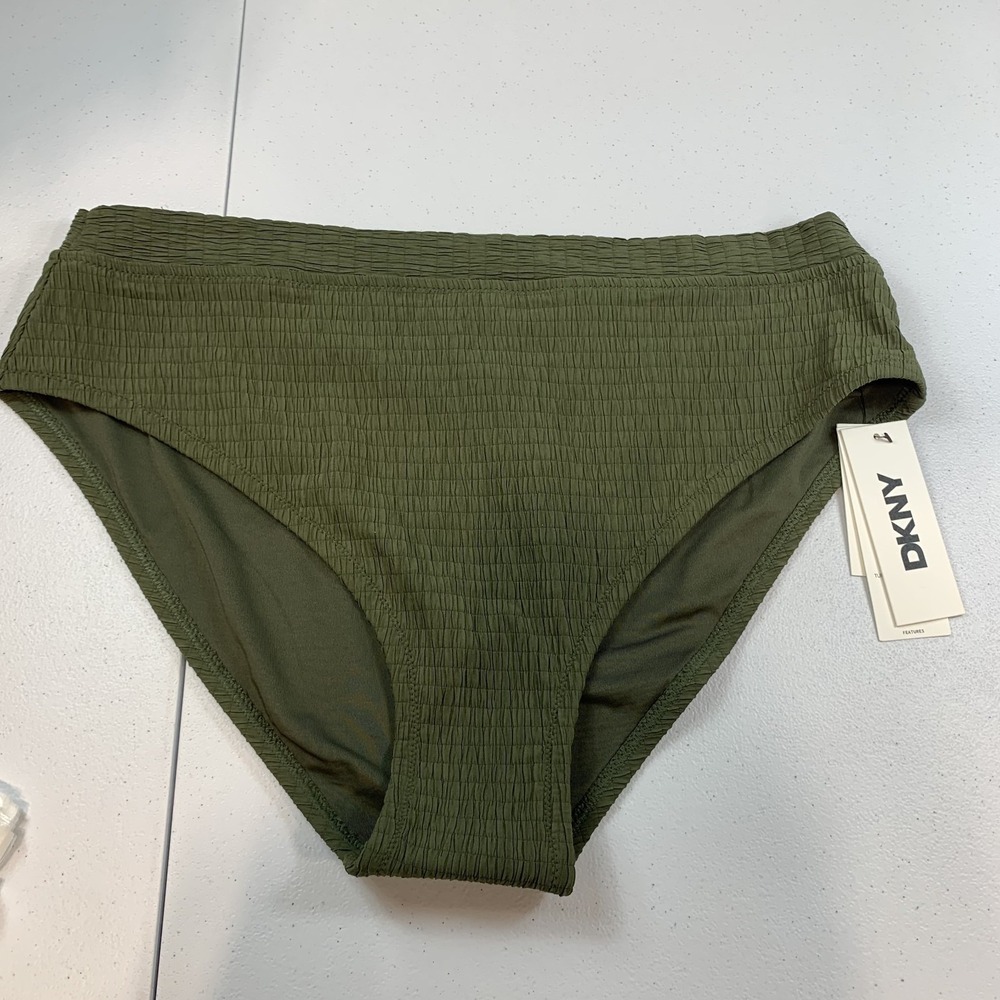 DKNY Women's Swim Bikini Bottoms L Green Textured High Waist Tummy‎ Compression